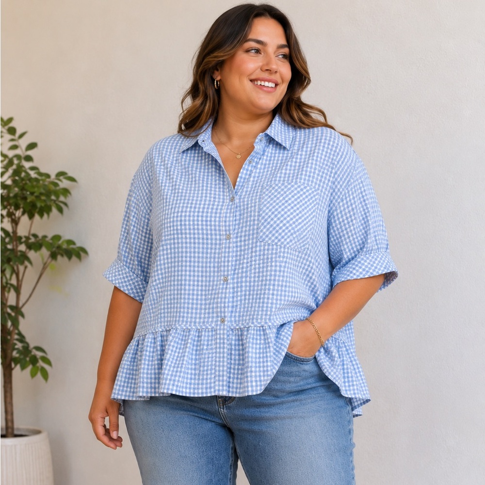 entro Light Blue Gingham Button-Down Ruffle Hem Top XL - Picture 1 of 8